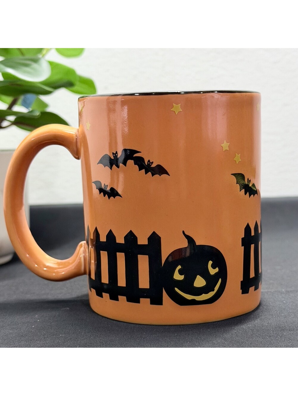 Vintage Hallmark Halloween Mug Black Cat on Fence w/Bats Spooky Coffee Cup 12 oz